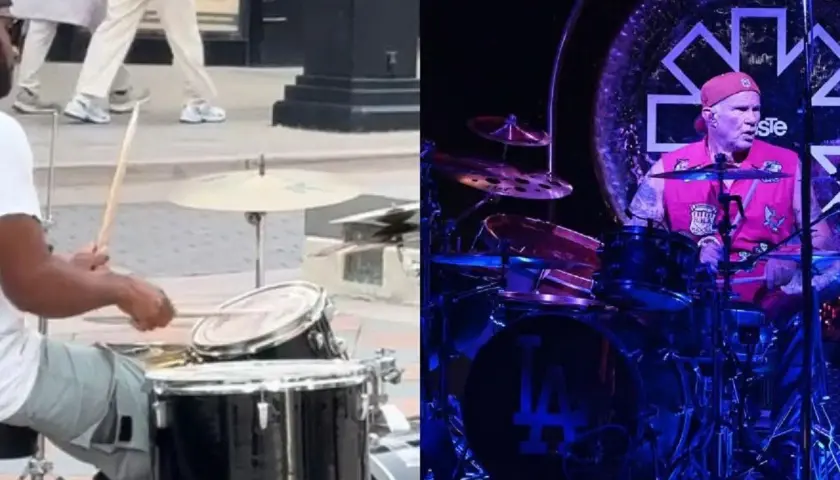 Perkusista Red Hot Chili Peppers w akcji. Po lewej uliczny muzyk, po prawej Chad Smith na koncercie.