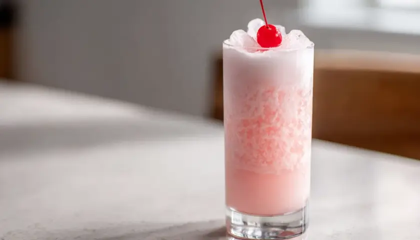 En rosa drink med krossad is, toppad med ett körsbär. En perfekt pink panther drink för en solig dag.