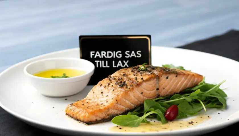 En perfekt tillagad laxfilé serveras med en skål med gyllene sås till lax, gröna blad och en rödbär.
