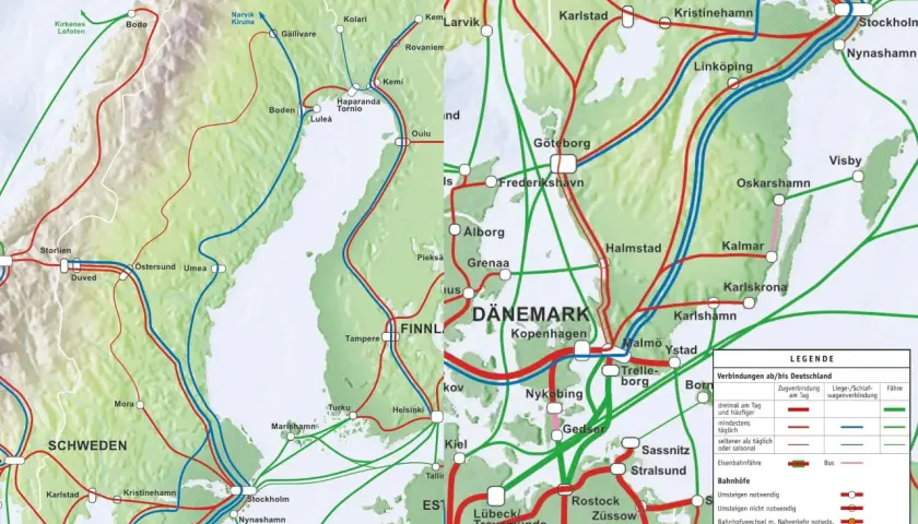 Karte zeigt das **sweden railway** Netz mit Verbindungen nach Deutschland, Finnland und Dänemark.