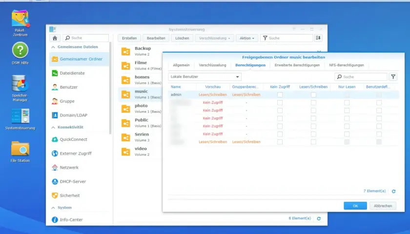 Synology NAS: Berechtigungen für den Ordner "music" werden bearbeitet. Das synology laufwerk initialisieren ist ein wichtiger Schritt.