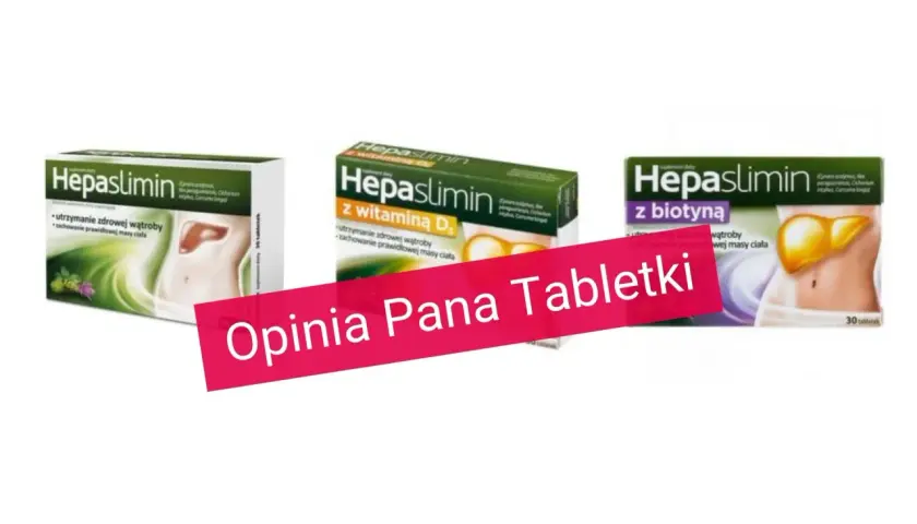 Trzy opakowania suplementu Hepaslimin z grafiką wątroby i sylwetki.