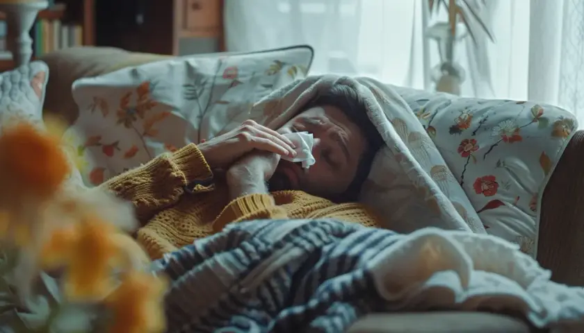 Chory mężczyzna leży pod kocem, wycierając nos chusteczką. Szuka sposobu, jak szybko wyzdrowieć, otoczony domowym ciepłem.