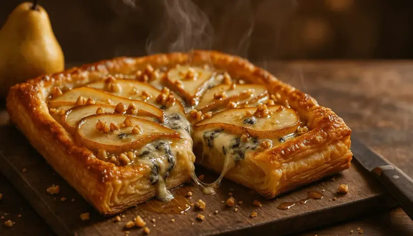 Un délicieux pavé de poire, garni de fromage fondant et de noix, dégage une vapeur appétissante sur une planche en bois.