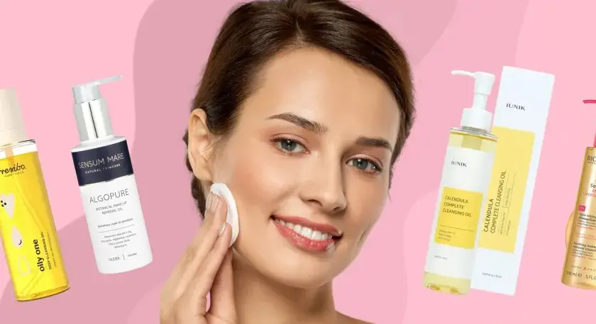 Kobieta z wacikiem usuwa makijaż, obok kosmetyki: jaki olejek do demakijażu wybrać? Resibo, Sensum Mare, Iunik, Bioderma.