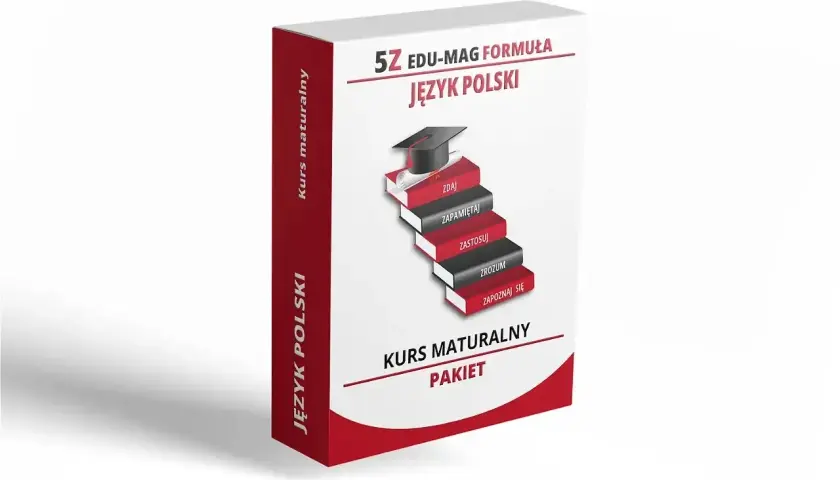 Pudełko z kursem "Język Polski" na egzamin dojrzałości. Schody z książek symbolizują drogę do sukcesu.