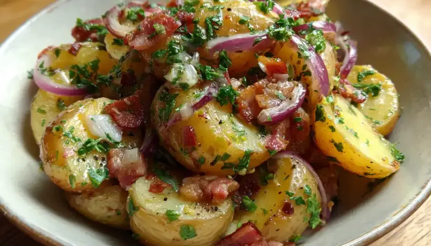 En härlig tysk potatissallad med krispigt bacon, rödlök och färsk persilja i en skål.