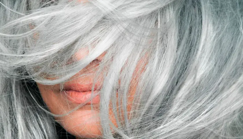 Mechas en pelo blanco natural, cubriendo parte del rostro y labios.