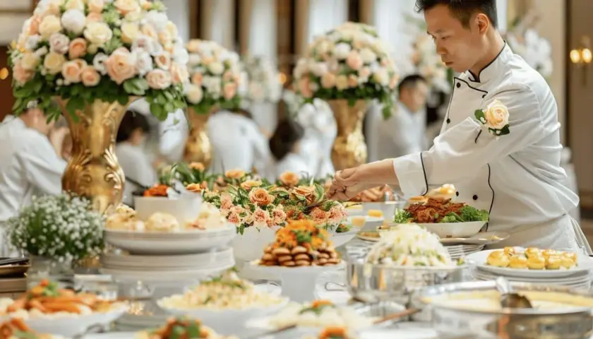 Un chef prépare un buffet somptueux pour un mariage de 80 personnes. Le budget traiteur mariage 80 personnes est respecté avec ces mets délicats.