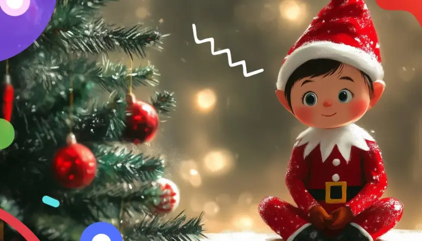 Un elfo seduto vicino all'albero di Natale. Scopri come funziona l'elf on the shelf per portare magia!