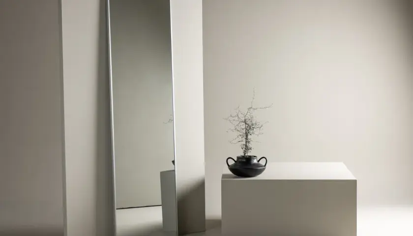 En hög, smal spegel ger vardagsrumsinspiration. En svart vas med en gren står på en kub.