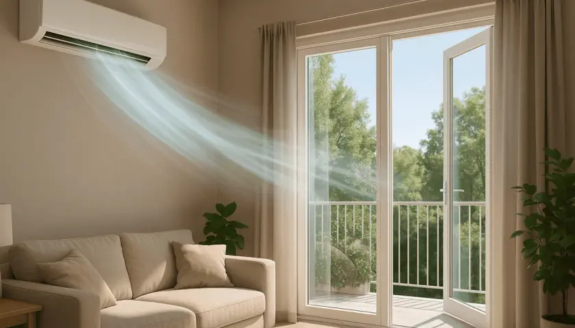 Aire acondicionado enfría la sala, creando una brisa refrescante. La puerta del balcón abierta permite ventilar un ambiente con luz natural y vistas a árboles frondosos.
