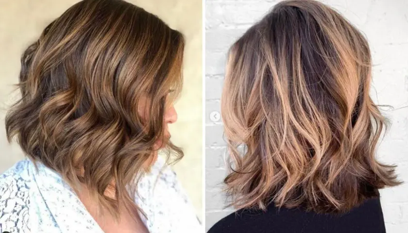 Cabello castaño con reflejos rubios, peinado en ondas sueltas y despeinadas.