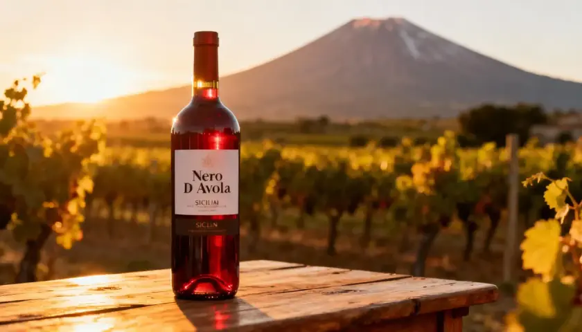 Bouteille de Nero D'Avola sur une table en bois, avec des vignobles et un volcan en arrière-plan, évoquant les riches terre siciliane.