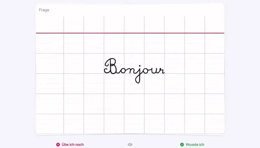 GoodNotes Karteikarten: Auf einer karierten Karteikarte steht das Wort "Bonjour" in geschwungener Schrift.