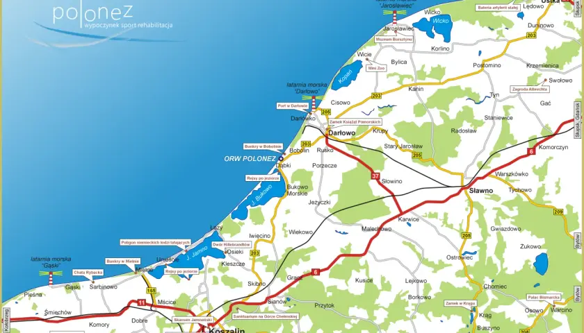 Mapa atrakcji Dąbki i okolic: latarnie morskie, muzea, zamki, bunkry, jeziora, porty.