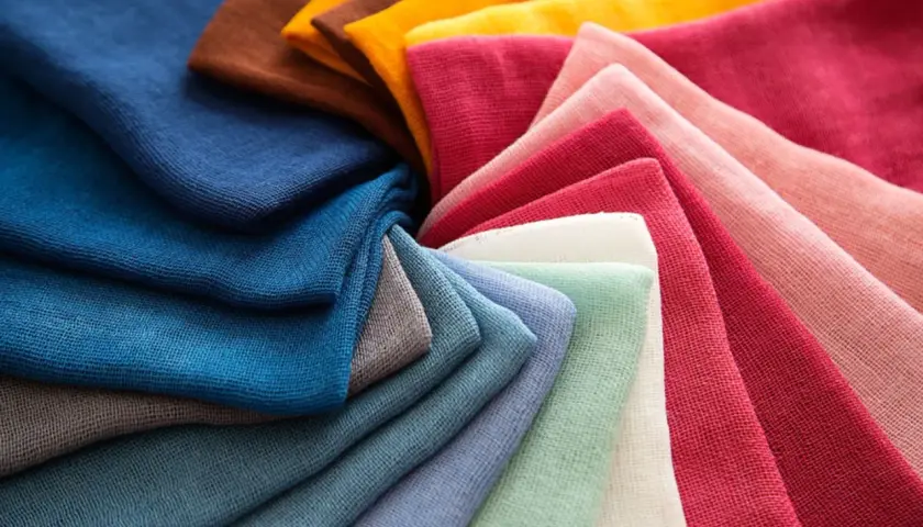 Bunte Stoffe, die aussehen, als wären sie mit Lebensmitteln gefärbt worden: Blau, Grün, Rosa, Rot, Gelb und Braun.