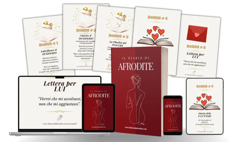 Materiale promozionale per "Il Diario di Afrodite", con bonus su come risvegliare il desiderio femminile, lubrificare il piacere e nutrire l'energia.
