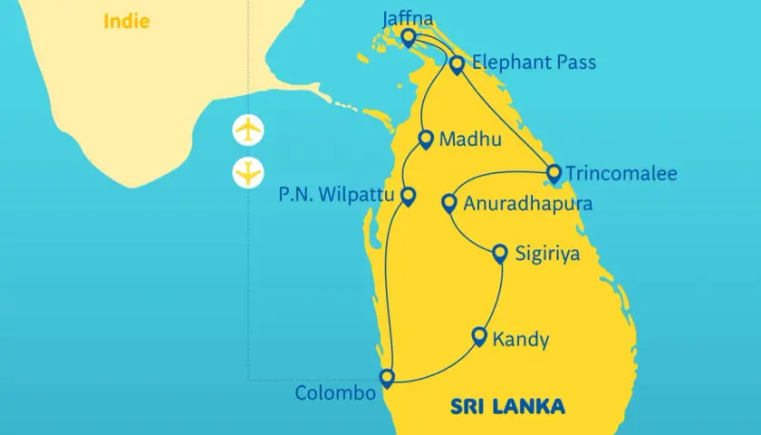 Mapa Sri Lanki z zaznaczonymi miastami: Jaffna, Trincomalee, Anuradhapura, Sigiriya, Kandy, Colombo (największe miasto Sri Lanki), Madhu, P.N. Wilpattu.