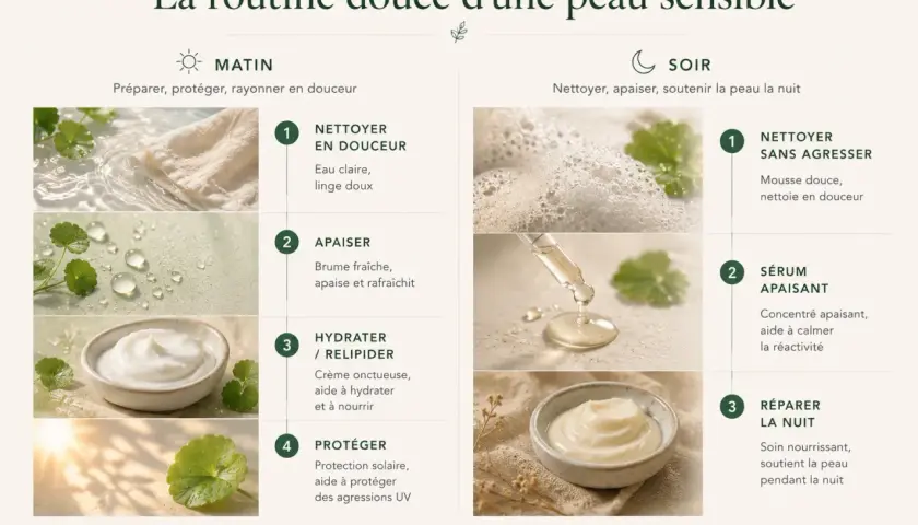Routine du matin et du soir pour peau sensible : nettoyage doux, apaisement, hydratation et protection. Aide à calmer les symptômes de peau sensible.