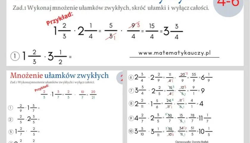 Przykłady mnożenia ułamków zwykłych, z przykładem i zadaniami do rozwiązania.