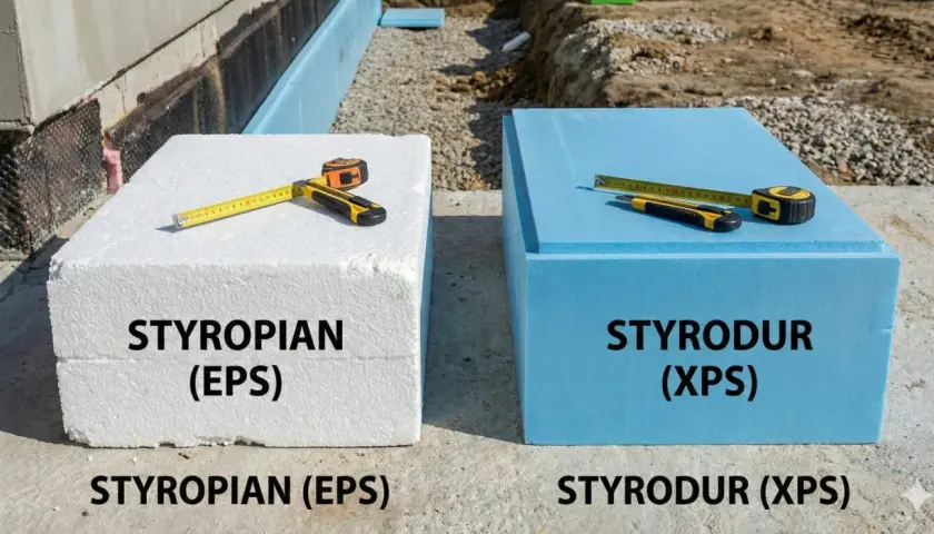 Biały styropian (EPS) i niebieski styrodur (XPS) – dwa materiały izolacyjne. Zastanawiasz się, styrodur co to jest? To płyta XPS, twardsza i gęstsza od styropianu.