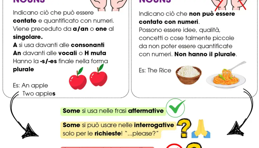Nomi numerabili (es. mele) e non numerabili (es. riso, pasta). Regole per "a/an", "one", "s/-es" e per "some/any".