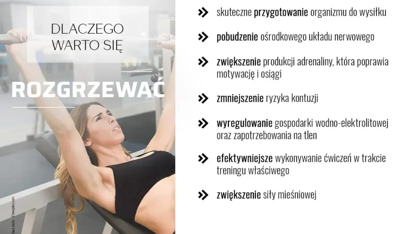 Kobieta ćwiczy na ławce skośnej. Tekst informuje, dlaczego warto się rozgrzewać, wymieniając korzyści, np. przygotowanie organizmu do wysiłku.