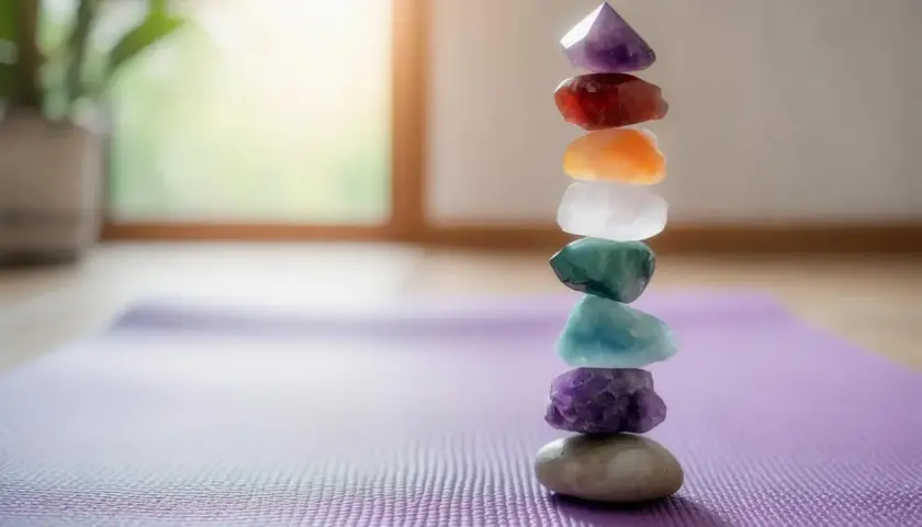 En stapel färgade stenar, som en bok om stenar, balanserar på en yogamatta.