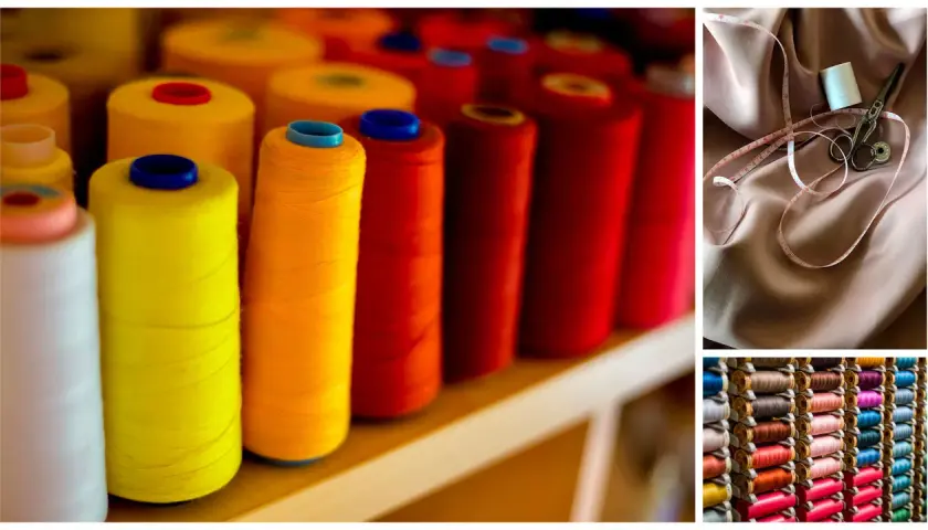 Bobines de fil métallique utilisé dans les textiles, aux couleurs vives. Un mètre ruban et des ciseaux sur un tissu rose pâle.