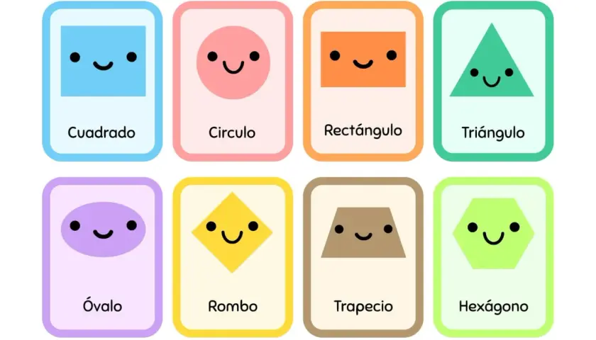 Tarjetas con figuras geométricas para imprimir: cuadrado, círculo, rectángulo, triángulo, óvalo, rombo, trapecio y hexágono, todos con caritas sonrientes.