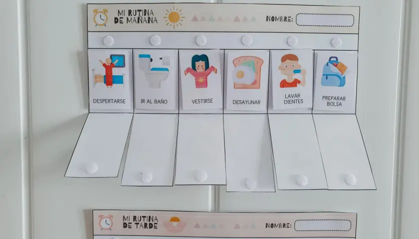 Tabla imprimible rutinas diarias para niños. Ayuda a organizar el día con actividades como despertar, ir al baño, vestirse, desayunar, lavarse los dientes y preparar la bolsa.