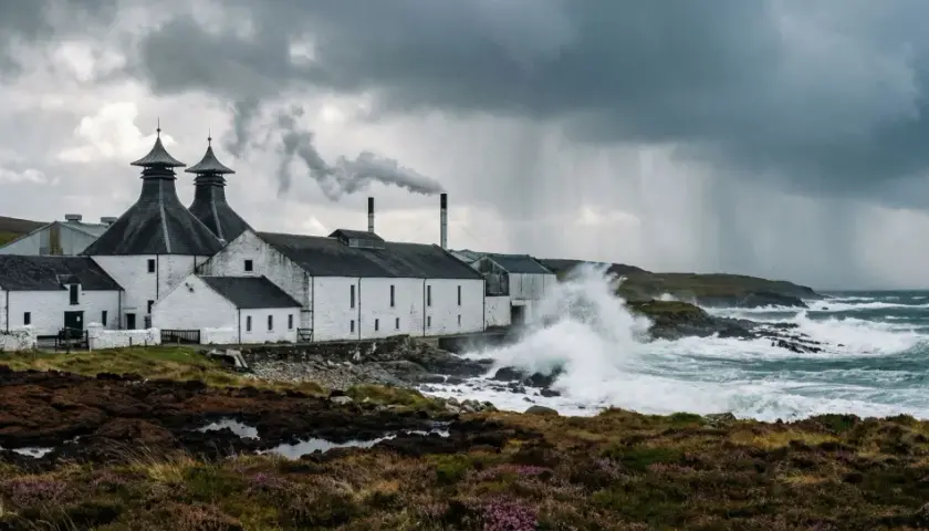 Distillerie sur l'île d'Islay, battue par les vagues et la pluie sous un ciel orageux. La fumée s'échappe d'une cheminée.