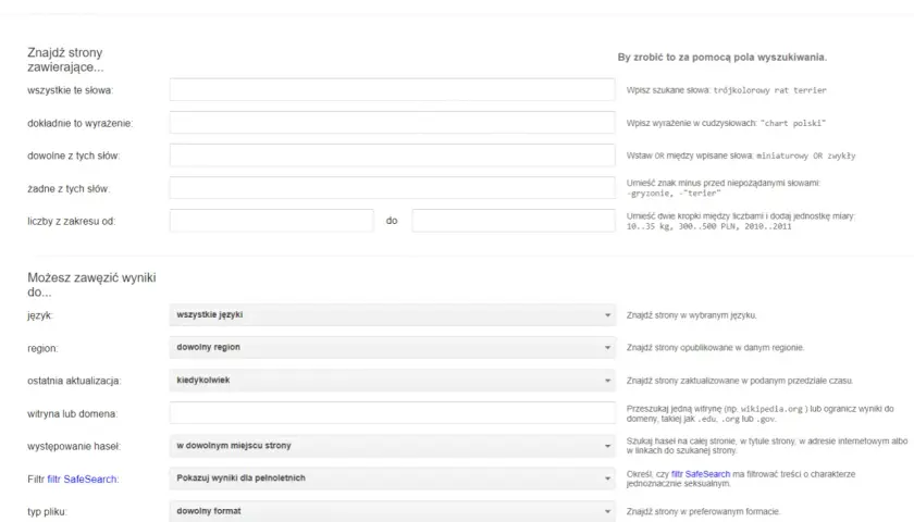 Zaawansowane wyszukiwanie Google pozwala precyzyjnie znaleźć informacje, filtrując wyniki według słów, języka, regionu i innych kryteriów.