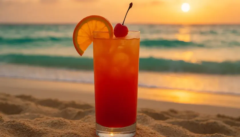 Koktajl "Sex on the Beach" na piasku, z widokiem na ocean i zachód słońca. Idealny na wakacje.