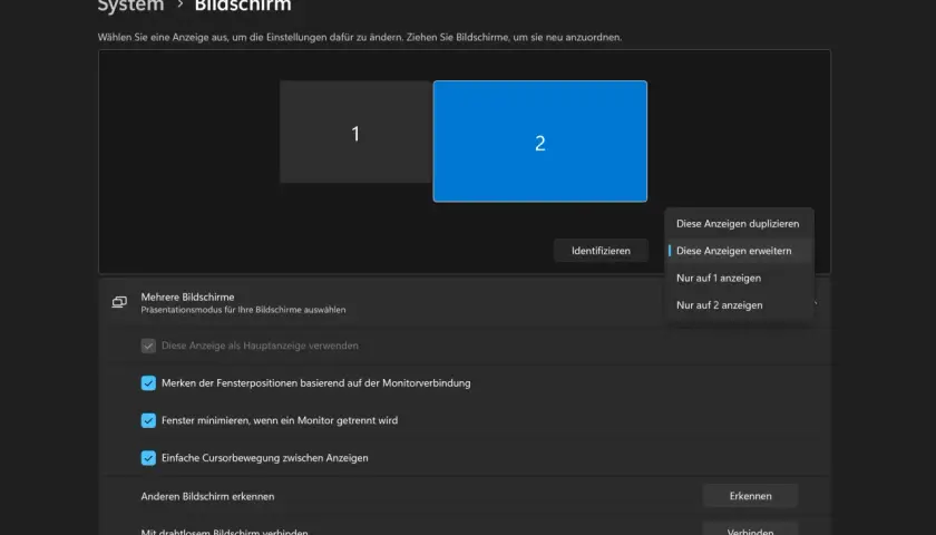 Bildschirm-Einstellungen: Zwei Monitore (1 und 2) sind sichtbar. Optionen zum Erweitern oder Duplizieren der Anzeigen sind verfügbar.