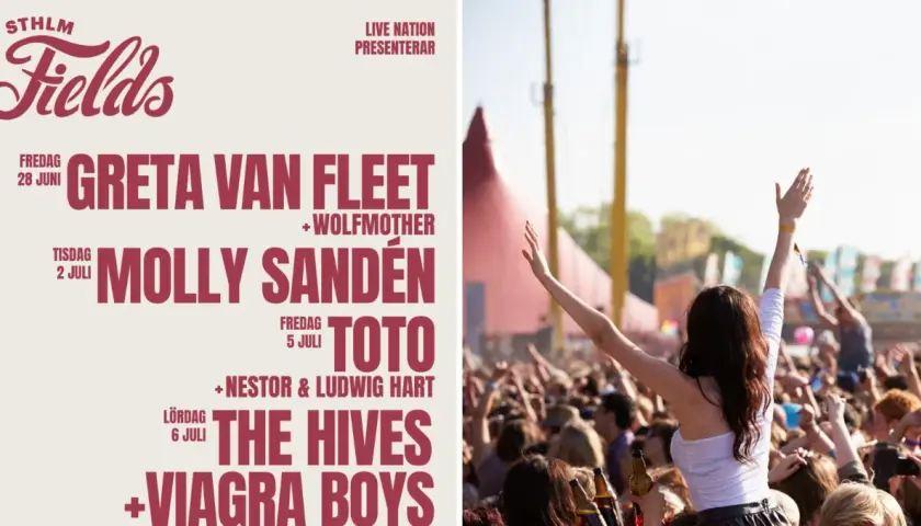 STHLM Fields festivalaffisch med artister som Greta Van Fleet, Molly Sandén, Toto, The Hives. Publiken jublar i bakgrunden.