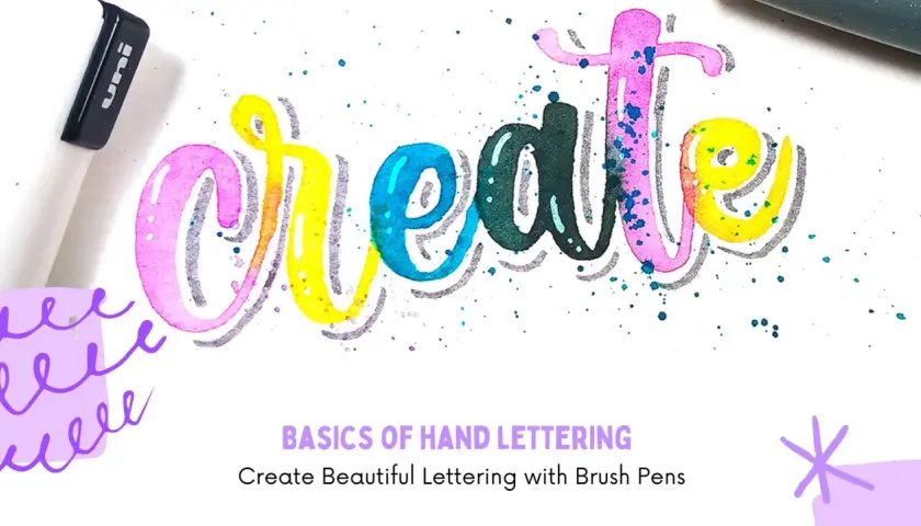 El lettering "create" en acuarela, con un rotulador Uni y salpicaduras de tinta.