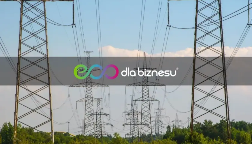 Wysokie słupy energetyczne na tle błękitnego nieba. Logo "dla biznesu" sugeruje, że warto sprawdzić, ile kosztuje kWh.