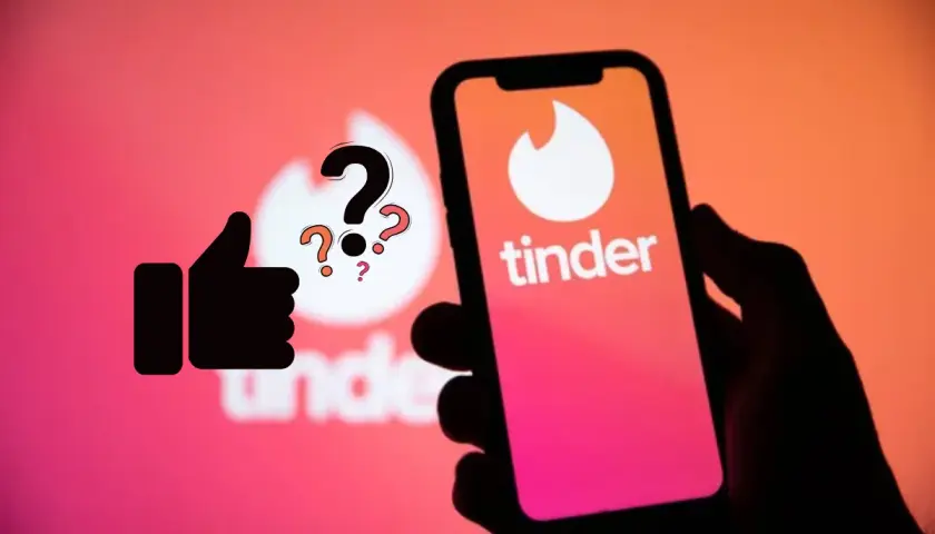 Kciuk w górę i znaki zapytania nad logo Tindera. Zastanawiasz się, tinder ile lajków dziennie?