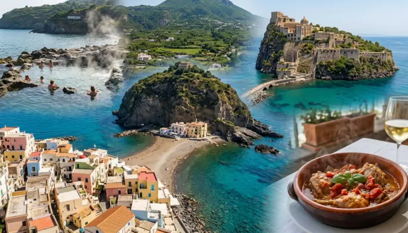 Ischia a settembre: terme naturali, borgo colorato, castello medievale e un piatto fumante con vino bianco.