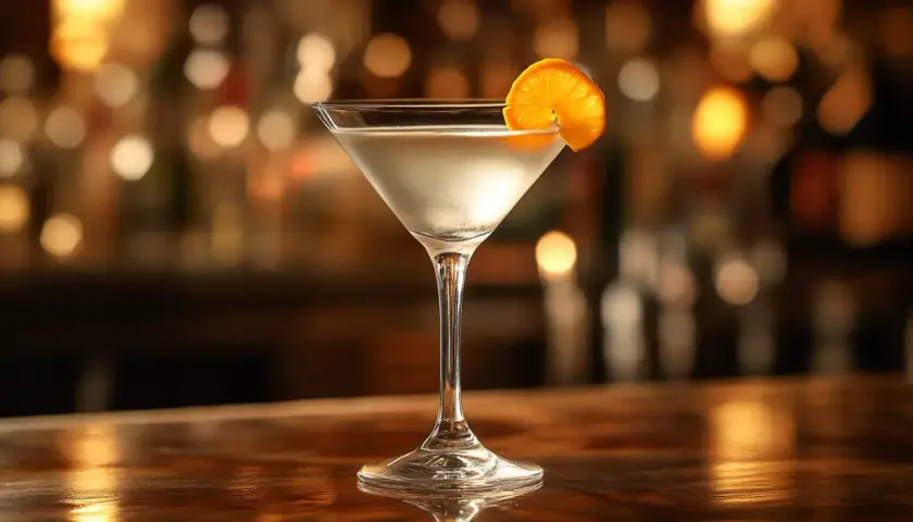 Elegancki martini, idealny james bond drink, z plasterkiem pomarańczy na krawędzi kieliszka, na tle rozmytego baru.