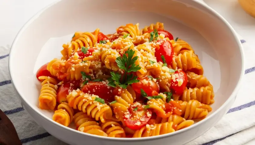 Pyszny makaron z warzywami: fusilli w sosie pomidorowym z pomidorkami koktajlowymi, posypany parmezanem i natką pietruszki.