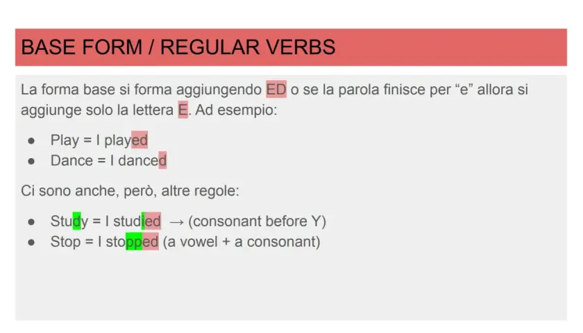 Esempi di frase past simple: "I played" e "I danced". Si aggiunge ED o E ai verbi regolari.