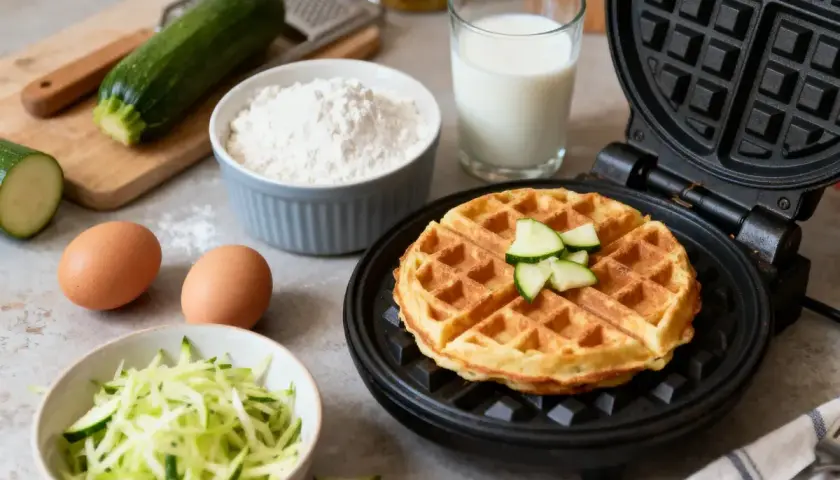 Gaufre courgette dorée dans un gaufrier, entourée d'ingrédients : courgettes râpées, œufs, farine et lait.
