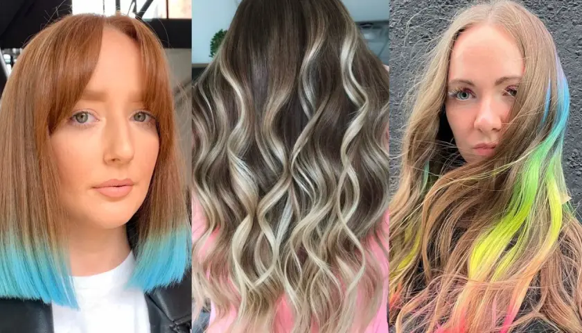 Tres estilos de cabello: mechas rubias con ondas, cabello castaño con puntas azules y mechas de colores vibrantes sobre cabello rubio.