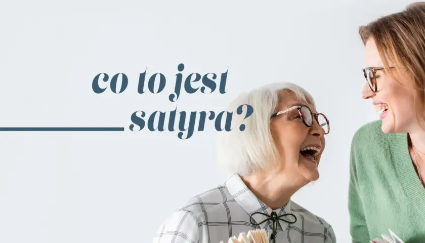 Dwie kobiety śmieją się, trzymając książki. Jedna z nich pyta: "co to jest satyra?".