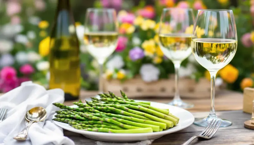 Un plateau d'asperges vertes fraîches, prêt à être dégusté avec du vin blanc. Idéal pour savoir avec quoi associer les asperges lors d'un repas printanier.