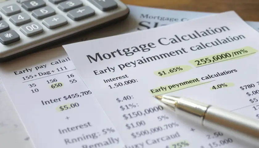 Calculatrice et documents financiers. On y voit des calculs de prêt hypothécaire, des taux d'intérêt et des frais de remboursement anticipé credit agricole.