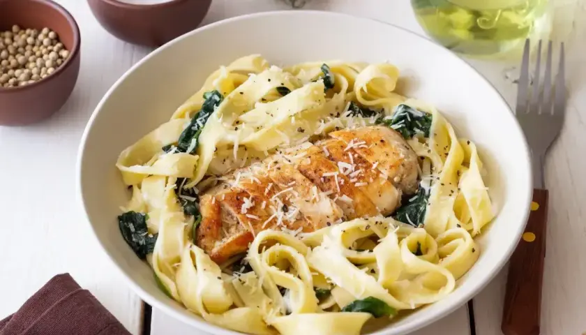 Pyszny makaron z kurczakiem i szpinakiem, posypany parmezanem. Idealny obiad na każdy dzień.